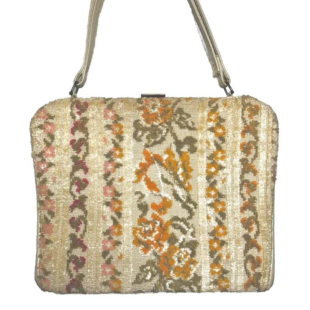 Vintage 1960s Floral Tapestry‎ Handbag Purse Fall Colors Mid Century Frame Bag